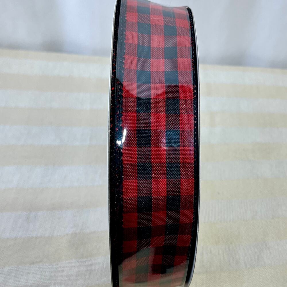 Buffalo Check Wired Ribbon Roll Black & Red 1-1/2" 50 Yds New Polyester